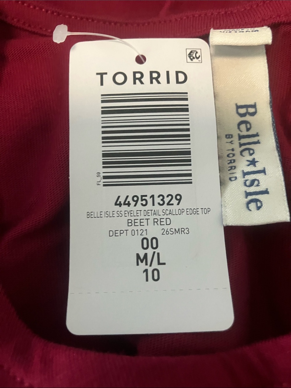 Torrid Belle Isle Eyelet Sleeve Top Size 00 (10) Beet Red 100% Cotton NWT - Picture 7 of 10